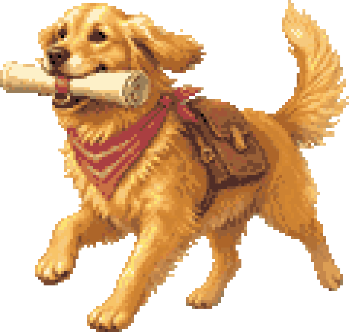 Rover, the Blossom retriever, carrying a garden spade