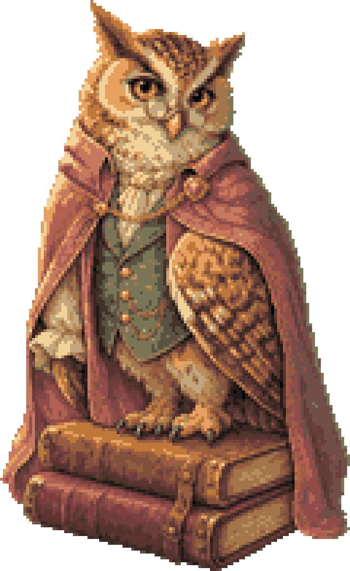 Sage, the Blossom owl, reading a ledger